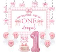 Funmemoir 1st Birthday Pink Bow Decorations - Isn't She Onederful Backdrop, Double-sided Hanging Swirls, Cake Topper, Printing Balloons for Baby Girl Pink Bow First Birthday Decorations