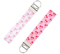 Funmemoir 2PCS Pink Bow Keychain Wristlets, Cherry Key Chain Lanyard Strap, Cherry Bow Lanyards for Keys, Bow Wristlet Lanyard Keychain Holders Wristlet Strap Decorations for Women
