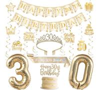 Funmemoir 30th Birthday Party Decorations for Women White and Gold Happy 30th Birthday Banner Cake Topper Crown and Sash Hanging Swirls Balloons for Thirty 30 Years Old Party Decorations