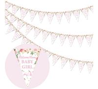 Funmemoir 3PCS Welcome Home Baby Girl Banner - Pink Floral Triangle Bunting, Pre-strung Baby Shower Decorations for Welcome New Baby Girl, It's a Girl Party Supplies