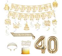 Funmemoir 40th Birthday Decorations Women - White and Gold Happy 40th Birthday Banner Cake Topper Crown and Sash Hanging Swirls Balloons for Forty 40 Years Old Party Decorations