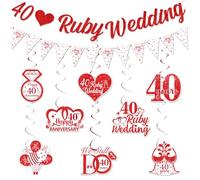 Funmemoir 40th Wedding Anniversary Decorations - 40th Ruby Wedding Banner with Double-sided Hanging Swirls, Triangle Flag Banner for Happy Cheer to 40th Anniversary Party Supplies