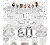 Funmemoir 60th Diamond Wedding Anniversary Decorations Set - Includes Honeycomb Centerpieces, Cake Topper, Backdrop, Photo Banner, Hanging Swirls for Happy 60th Anniversary Party Supplies
