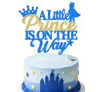 Funmemoir A Little Prince is on the Way Baby Shower Cake Topper Blue Gold | Royal Prince Baby Shower Decorations for Boys, Glitter Paper Baby Shower Cake Decor, Castle Crown African American Decor