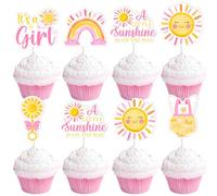 Funmemoir A Little Sunshine Is on the Way Decorations Girl - 36PCS Sunshine Baby Shower Cupcake Toppers, Pink and Yellow Boho Sun Themed Cake Decorations for It's a Girl Gender Reveal