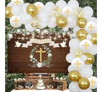 Funmemoir Baptism Party Decorations White and Gold First Holy Communion Decorations Balloon Garland Kit with Rustic Wood Backdrop, God Bless Christening Decorations