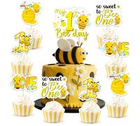 Funmemoir Bee 1st Birthday Party Decorations, My 1st Bee Day Cake Topper & 24PCS Cupcake Toppers, So Sweet to Bee One First Birthday Cake Decorations for Boys Girls