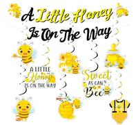 Funmemoir Bee Baby Shower Decorations - A Little Honey Is on the Way Banner & 8PCS Hanging Swirls with Bumblebee Designs for Honey Bee Themed Baby Showers