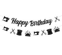 Funmemoir Black Sewing Birthday Party Decorations Set - Glitter Paper Happy Birthday Banner & Sewing Machine Tools Theme Garland for Quilting Tailor Seamstress Themed Party Supplies