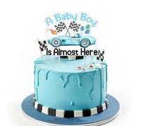 Funmemoir Blue Race Car Baby Shower Decorations for Boy - A Baby Boy Is Almost Here Cake Topper, Vintage Blue Let’s Go Racing Car Cake Decorations for Pregnancy Celebration Newborn Party