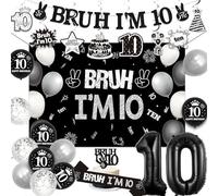 Funmemoir Bruh i'm 10 Birthday Decorations for Boys, 10th Birthday Decorations Black and White Including Backdrop Banner Hanging Swirls Sash Cake Topper Balloons for 10 Year Old Party Supplies