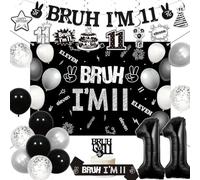 Funmemoir Bruh I'm 11 Birthday Decorations for Boys, 11th Birthday Decorations Black and White Including Backdrop Banner Hanging Swirls Sash Cake Topper Balloons for 11 Year Old Party Supplies
