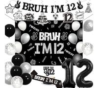 Funmemoir Bruh i'm 12 Birthday Decorations for Boys, 12th Birthday Decorations Black and White Including Backdrop Banner Hanging Swirls Sash Cake Topper Balloons for 12 Year Old Party Supplies