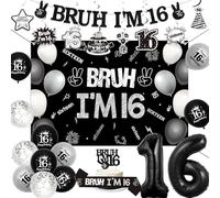 Funmemoir Bruh I'm 16 Birthday Decorations for Boys, 16th Birthday Decorations Black and White Including Backdrop Banner Hanging Swirls Sash Cake Topper Balloons for 16 Year Old Party Supplies
