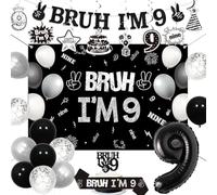 Funmemoir Bruh i'm 9 Birthday Decorations for Boys, 9th Birthday Decorations Black and White Including Backdrop Banner Hanging Swirls Sash Cake Topper Balloons for 9 Year Old Party Supplies