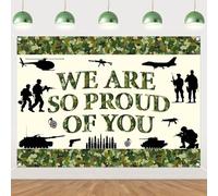 Funmemoir Camouflage Army We Are So Proud of You Backdrop 5x7ft Military Theme Vinyl Banner with Grommets & Ribbon for Graduation, Welcome Home, Going Away Parties