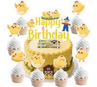 Funmemoir Chicken Birthday Party Decorations - Happy Birthday Cake Topper & 24PCS Chick Themed Cupcake Toppers, Yellow Little Chick Farm Animal Barnyard Party Supplies