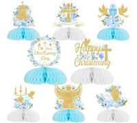 Funmemoir Christening Decorations for Boys - 8pcs Blue Happy Christening Honeycomb Centerpiece On Your Christening Day Table Centerpiece for Baptism Party First Holy Communion Decorations