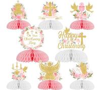 Funmemoir Christening Decorations for Girls Pink - 8pcs Happy Christening Honeycomb Centerpiece On Your Christening Day Table Centerpiece for Baptism Party First Holy Communion Decorations