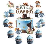 Funmemoir Cowboy Baby Shower Decorations for Boy Green and Brown - It's a Cowboy Cake Topper and Cupcake Toppers, A Little Cowboy is on the Way Western Rodeo Baby Shower Cake Decorations