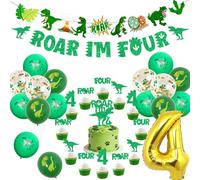 Funmemoir Dinosaur 4th Birthday Decorations - Include Roar i'm Four Banner, Cupcake & Cake Toppers, 4 Foil Number Balloon, Print Balloons for Boys Girls Dinosaur Theme 4th Birthday Party Supplies