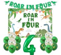 Funmemoir Dinosaur 4th Birthday Decorations - Roar I'm Four Banner, Backdrop, Print Balloons, Number 4 Foil Balloon for Dinosaur Four Ever Wild Birthday Party Decorations, Roar I'm 4 Party Supplies