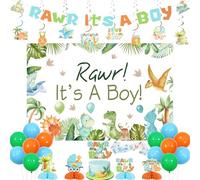 Funmemoir Dinosaur Baby Shower Decorations for Boy - Rawr It's a Boy Backdrop, Cake Topper, Banner, Hanging Swirls, Honeycomb Centerpieces, Mom to Be Sash for Dino Jungle Animal Baby Shower