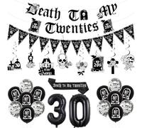 Funmemoir Gothic 30th Birthday Decorations Kit - Death to My 20s Decorations Include Banner, Hanging Swirls, Sash for Women Rip 20s Birthday Decorations, Black 30th Birthday Party Supplies