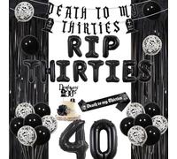 Funmemoir Gothic 40th Birthday Decorations for Women, Death to My 30s Banner Sash, Rip Thirties Banner Foil Balloons, Cake Topper, Fringe Curtain for RIP To My 30s