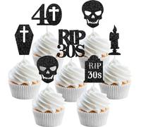 Funmemoir Gothic 40th Birthday Party Decorations - 24PCS Black Rip to My 30s Cupcake Toppers, Death to My 30s Decorations, Funeral for My Youth 40th Birthday Party Supplies