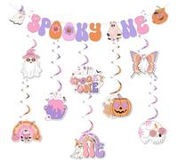 Funmemoir Groovy Halloween 1st Birthday Decorations for Girl, Spooky One Banner with 8PCS Hanging Swirls, Pink Retro Hippie Daisy Groovy Halloween Birthday Decorations for Spooky One Party