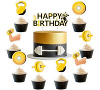 Funmemoir Gym Birthday Cake Decorations - Happy Birthday Cake Topper and 24pcs Cupcake Toppers, Black and Gold Fitness Cupcake Toppers for Bodybuilding Weight Lifting Workout Sports Themed Party