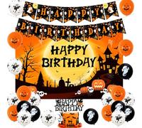 Funmemoir Halloween Birthday Decorations Orange Black - Halloween Birthday Backdrop Orange and Black, Happy Birthday Banner, Glitter Cake Topper, Printed Balloons, Bat Cat Pumpkin Foil Balloons