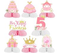 Funmemoir Her Royal Fiveness Birthday Decorations 8pcs Princess 5th Birthday Honeycomb Centerpieces Castle Crown Carriage Honeycomb Table Decorations for Girls Princess Party Decorations 5 Year Old