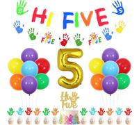 Funmemoir Hi Five Birthday Party Decorations, 5th Birthday Decorations for Boys Girls, Hi Five Birthday Banner Garland Cake Cupcake Toppers Number 5 Foil Balloon for 5 Year Old Birthday Decorations