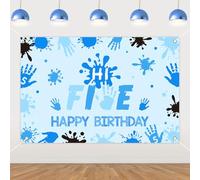 Funmemoir Hi Five Birthday Party Decorations Boy - Hi Five Happy Birthday Backdrop 5 * 3 Ft, Blue 5th Bday Photo Booth Background Banner for Handprint Officially a Handful 5 Year Old Party