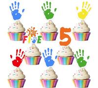 Funmemoir High Five Birthday Party Decorations - 36PCS Hi Five Cupcake Toppers, Rainbow 5th Birthday Decorations for Boys Girls, Handprint Birthday Cake Decorations