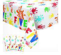 Funmemoir High Five Birthday Party Decorations - 3PCS Hi Five Tablecloth 51x108 Inches, Handprint Disposable Rectangular Table Covers for Officially a Handful Rainbow 5th Birthday Party