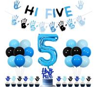 Funmemoir High Five Birthday Party Decorations Boy, Blue Hi Five 5th Birthday Decorations - Hi Five Birthday Banner, Garland, Cake Cupcake Toppers, Balloons for Boy 5 Year Old Birthday Party