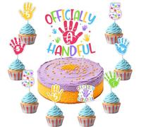 Funmemoir High Five Birthday Party Decorations for Boys Girls - 1 Officially a Handful Cake Topper & 24PCS Hi Five Cupcake Toppers, Handprint Cheers to 5 Years Birthday Party Cake Decorations