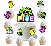 Funmemoir High Five Birthday Party Decorations Neon - 25PCS Hi Five Cake Topper & Cupcake Toppers, Let's Glow Handprint Officially a Handful 5th Birthday Party Cake Decorations for Girls Boys