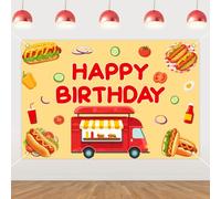 Funmemoir Hot Dog Birthday Party Backdrop - 5 * 3ft Food Theme Vinyl Photo Background with Grommets, Fast Food BBQ Sausage Party Decorations for Hot Dog Bar Birthday Supplies