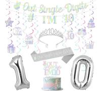Funmemoir Iridescent 10th Birthday Decorations for Girl - Out Single Digits I'm 10 Banner, Cake Topper, Hanging Swirls, Crown and Sash for Silver Double Digits 10 Years Old Birthday Party
