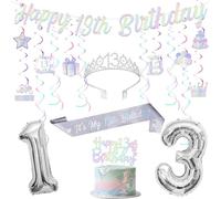 Funmemoir Iridescent 13th Birthday Decorations for Girls, Silver Happy 13th Birthday Banner, Cake Topper, Hanging Swirls, Crown and Sash for Teenager 13 Years Old Bday Party