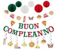 Funmemoir Italy Birthday Party Decorations - Buon Compleanno Birthday Banner and Garland, Paper Honeycomb Balls, Hanging Swirls for Italian Pizza I Love Italy Party Decorations