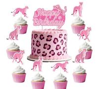 Funmemoir Leopard Print Birthday Decorations Pink - Happy Birthday Cake Topper and 24pcs Double-sided Cupcake Toppers, Pink Cheetah Cake Decorations for Girls Women Jungle Safari Animals Theme Party