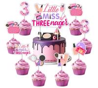 Funmemoir Little Miss Threenager Birthday Decorations, Makeup 3rd Birthday Party Decor - 1 Cake Topper & 24PCS Cake Toppers for Spa Cosmetic Beauty Cake Decorations for Girls