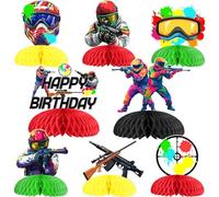 Funmemoir Paintball Birthday Party Decorations, 8PCS Paintball Theme Honeycomb Centerpieces, Gun Shooting Game Paint Splatter Splash Rainbow Happy Birthday Party Decorations