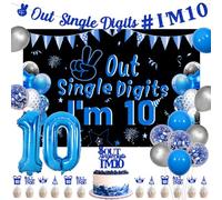 Funmemoir Peace out Single Digits I’m 10 Blue - Out Single Digits I'm 10 Backdrop, Cake Topper, Banners, 10th Birthday Cupcake Toppers, Foil Balloons for Boys Double Digits Tenth Birthday Party