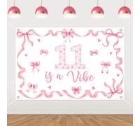 Funmemoir Pink Bow 11th Birthday Decorations - 11 is a Vibe Backdrop (5x3ft) with Reinforced Eyelets & White Ribbon for Girls Coquette Pink Bow Themed 11 Year Old Birthday Party Background